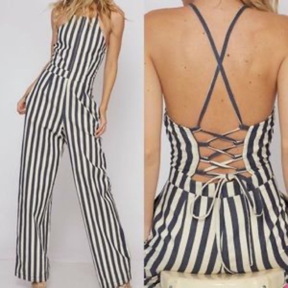 Chambray/white striped jumpsuit-small